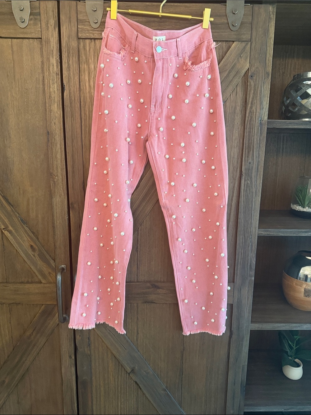 Rose Pink Pearl-Embellished Jeans